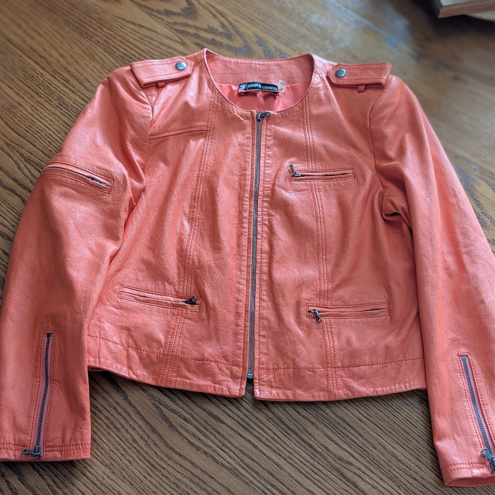 Alice + Olivia Coral Leather Zip Moto Jacket